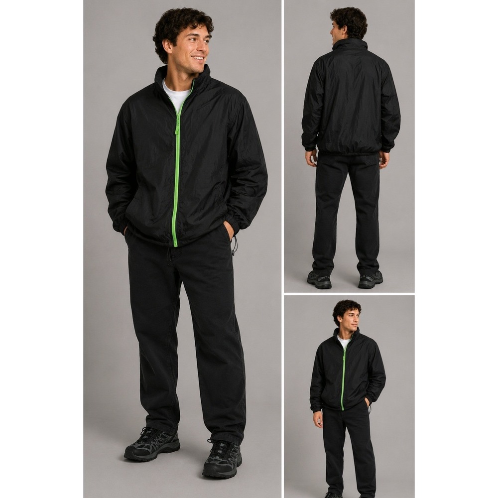 Crest Mens Windbreaker Jacket Black Neon Green Full Zip Lightweight Size XL L